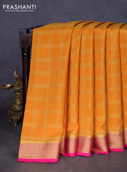 Pure mysore silk saree mustard yellow and pink with allover zari checked pattern and zari woven border