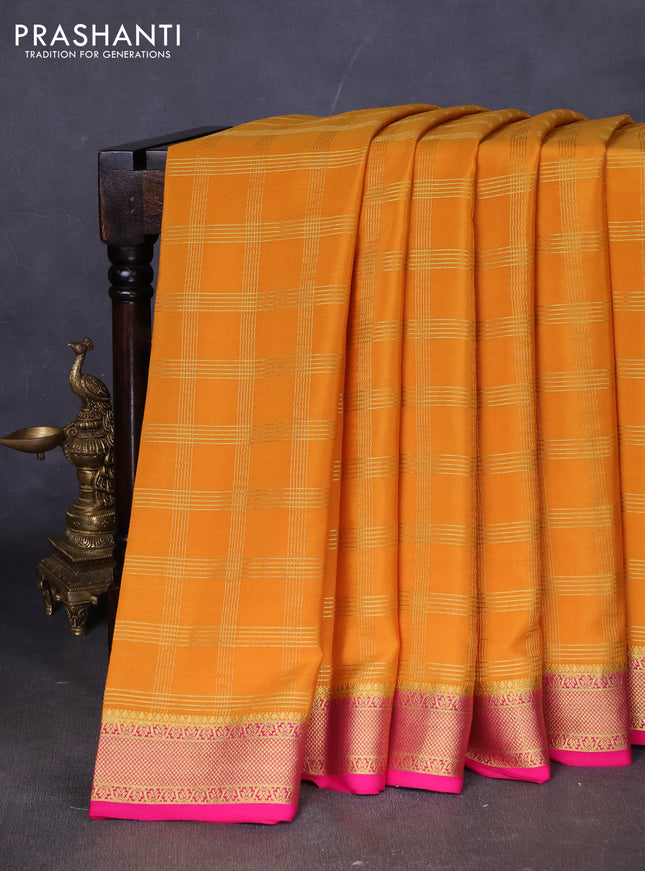 Pure mysore silk saree mustard yellow and pink with allover zari checked pattern and zari woven border