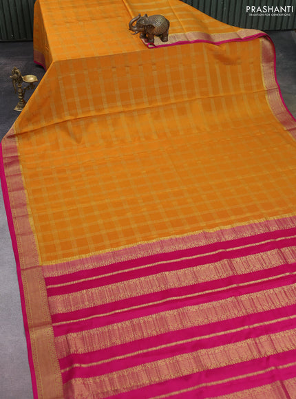 Pure mysore silk saree mustard yellow and pink with allover zari checked pattern and zari woven border