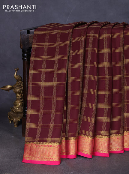 Pure mysore silk saree coffee brown and pink with allover zari checked pattern and zari woven border