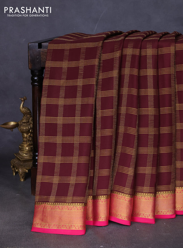 Pure mysore silk saree coffee brown and pink with allover zari checked pattern and zari woven border