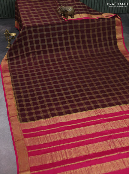 Pure mysore silk saree coffee brown and pink with allover zari checked pattern and zari woven border