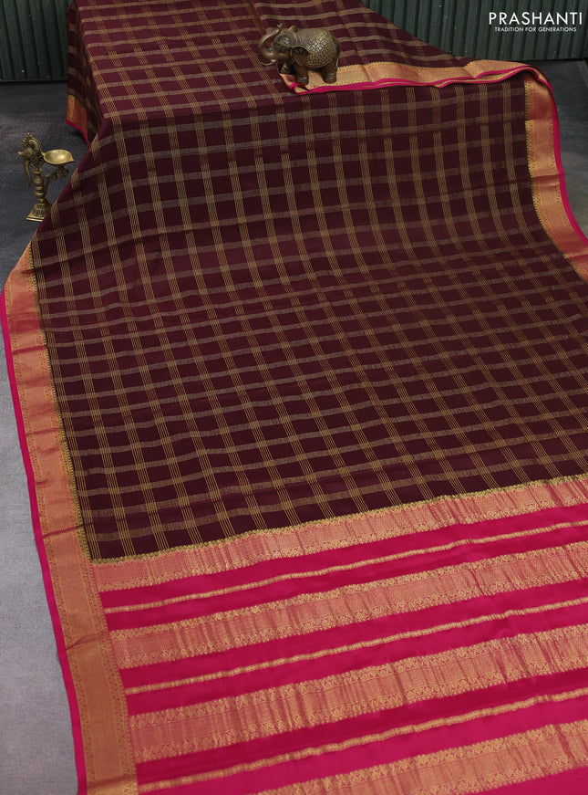 Pure mysore silk saree coffee brown and pink with allover zari checked pattern and zari woven border