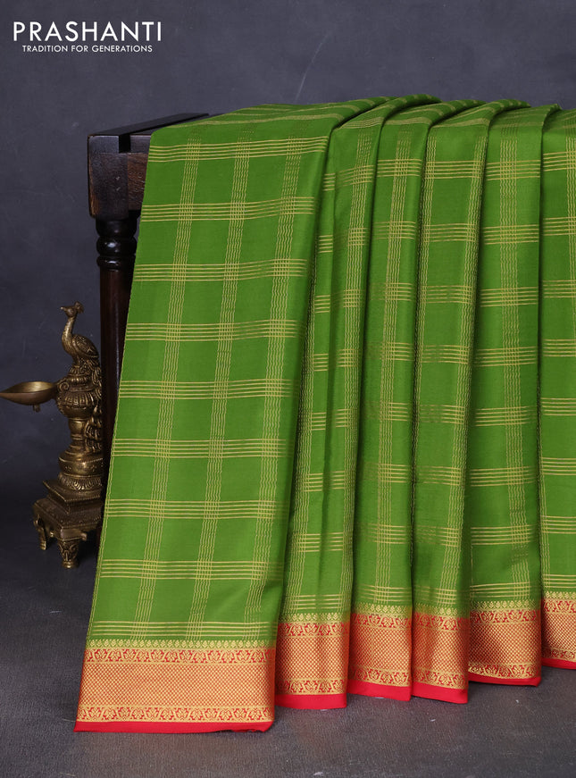 Pure mysore silk saree sap green and maroon with allover zari checked pattern and zari woven border