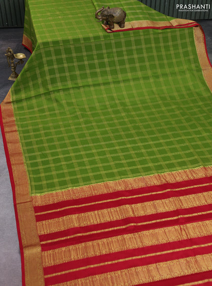 Pure mysore silk saree sap green and maroon with allover zari checked pattern and zari woven border