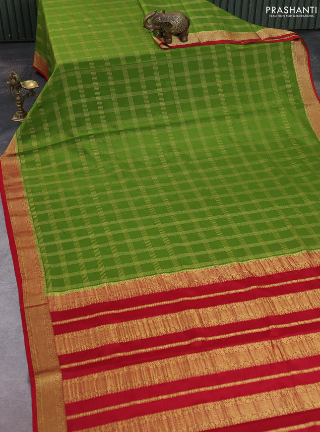 Pure mysore silk saree sap green and maroon with allover zari checked pattern and zari woven border
