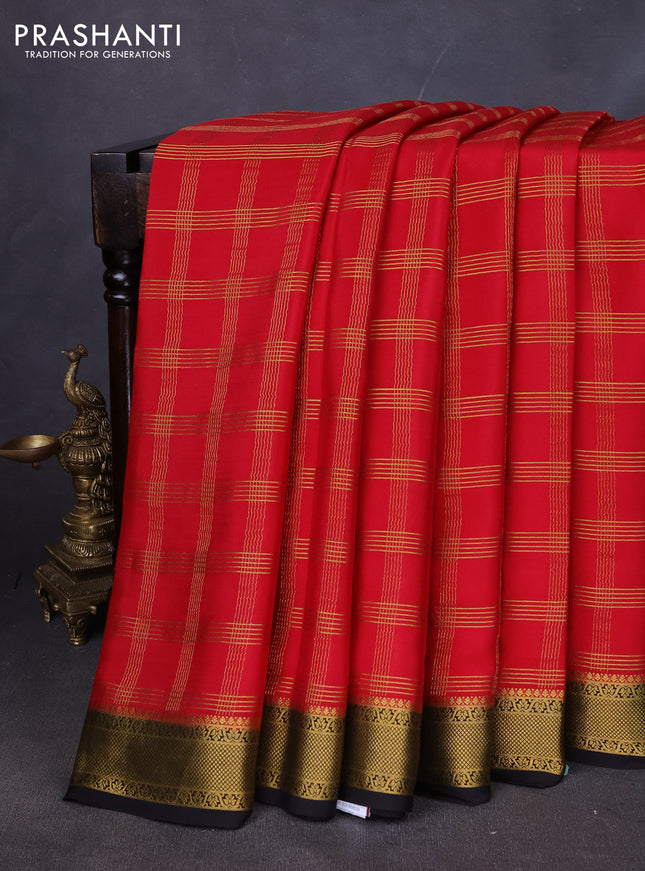 Pure mysore silk saree maroon and coffee brown with allover zari checked pattern and zari woven border