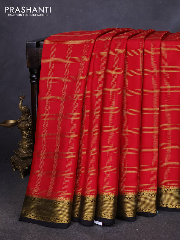 Pure mysore silk saree maroon and coffee brown with allover zari checked pattern and zari woven border