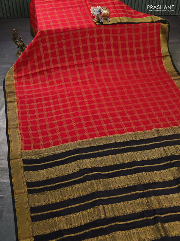 Pure mysore silk saree maroon and coffee brown with allover zari checked pattern and zari woven border