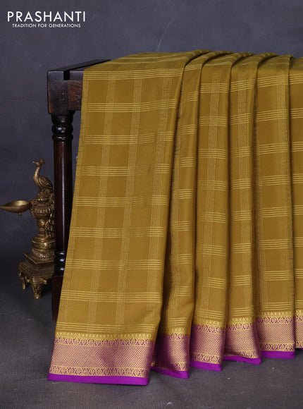 Pure mysore silk saree mehendi green and purple with allover zari checked pattern and zari woven border