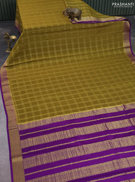 Pure mysore silk saree mehendi green and purple with allover zari checked pattern and zari woven border
