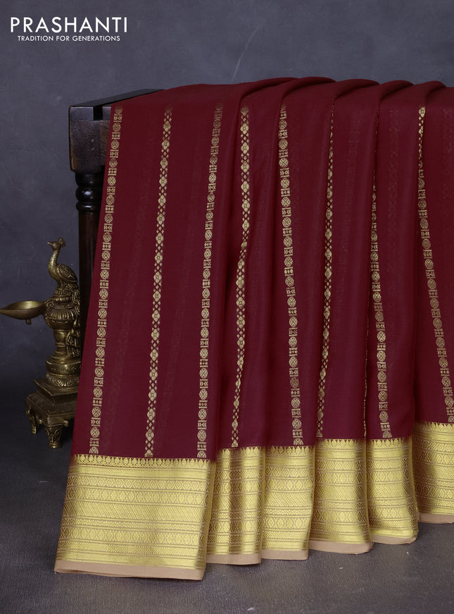 Pure mysore silk saree maroon and sandal with allover zari stripes pattern and zari woven border
