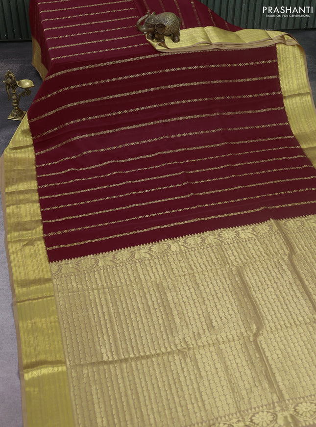 Pure mysore silk saree maroon and sandal with allover zari stripes pattern and zari woven border