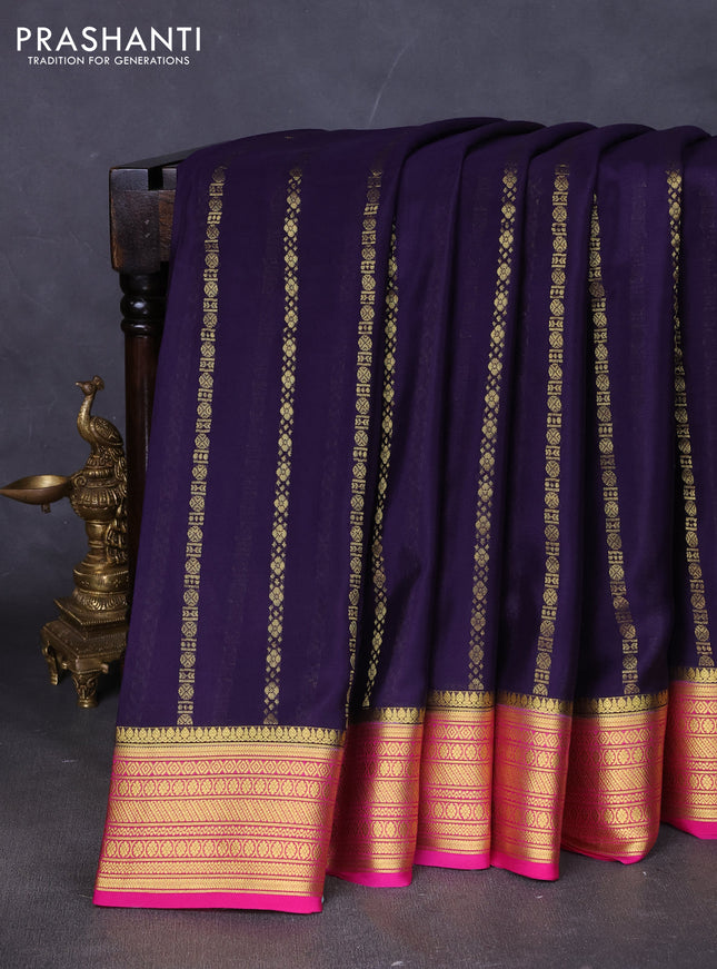 Pure mysore silk saree jamun shade and dark pink with allover zari stripes pattern and zari woven border