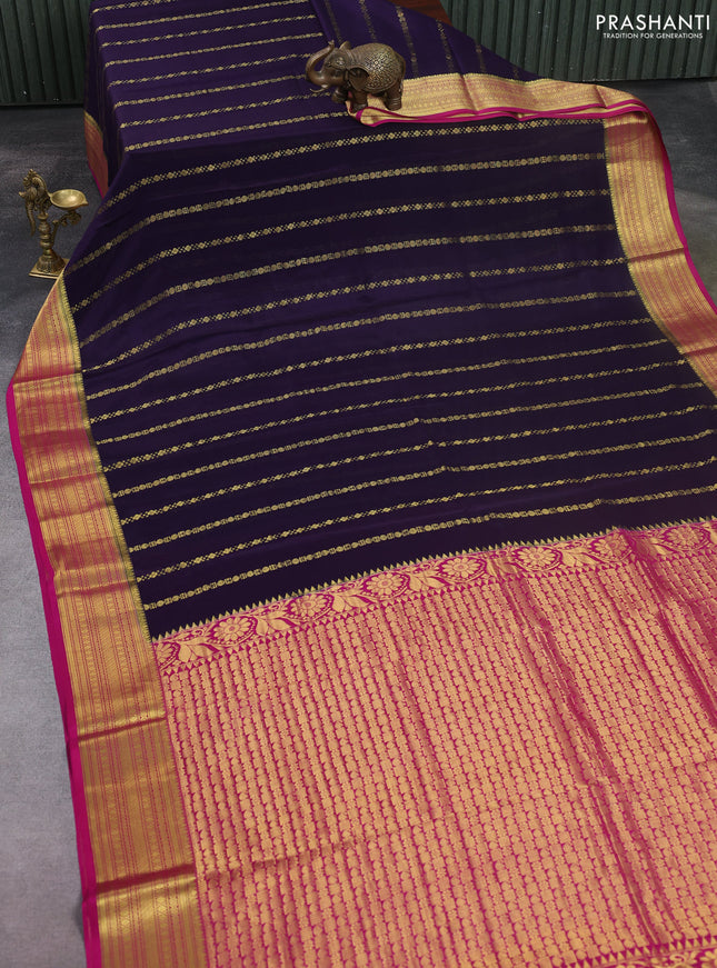 Pure mysore silk saree jamun shade and dark pink with allover zari stripes pattern and zari woven border