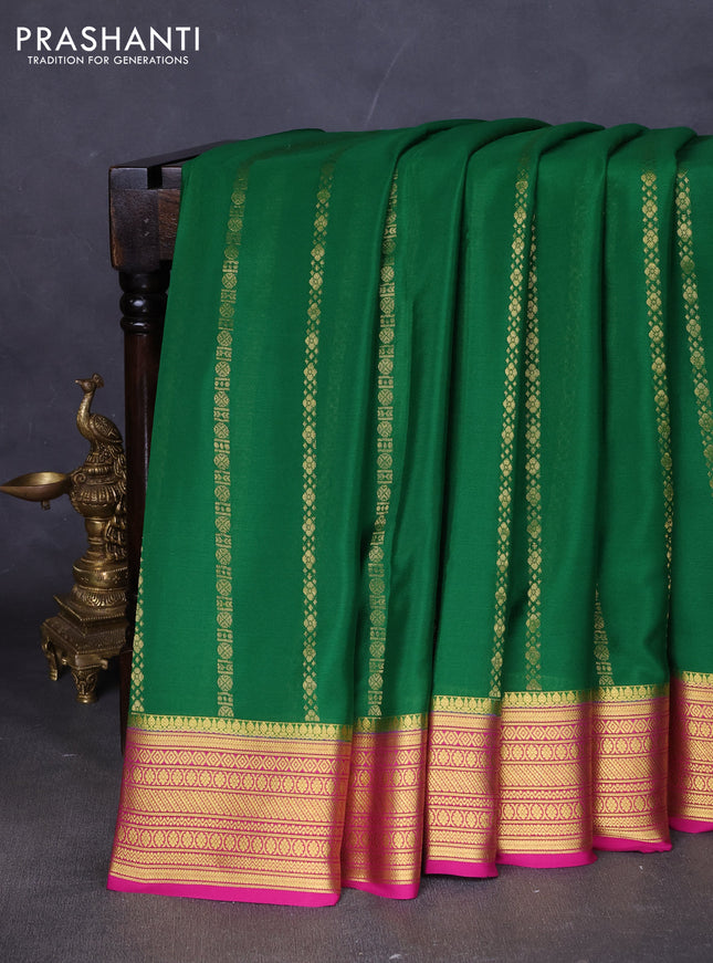 Pure mysore silk saree green and magenta pink with allover zari stripes pattern and zari woven border
