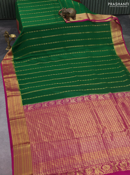 Pure mysore silk saree green and magenta pink with allover zari stripes pattern and zari woven border