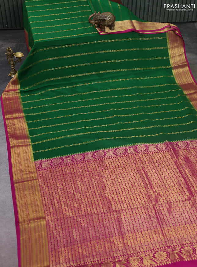 Pure mysore silk saree green and magenta pink with allover zari stripes pattern and zari woven border