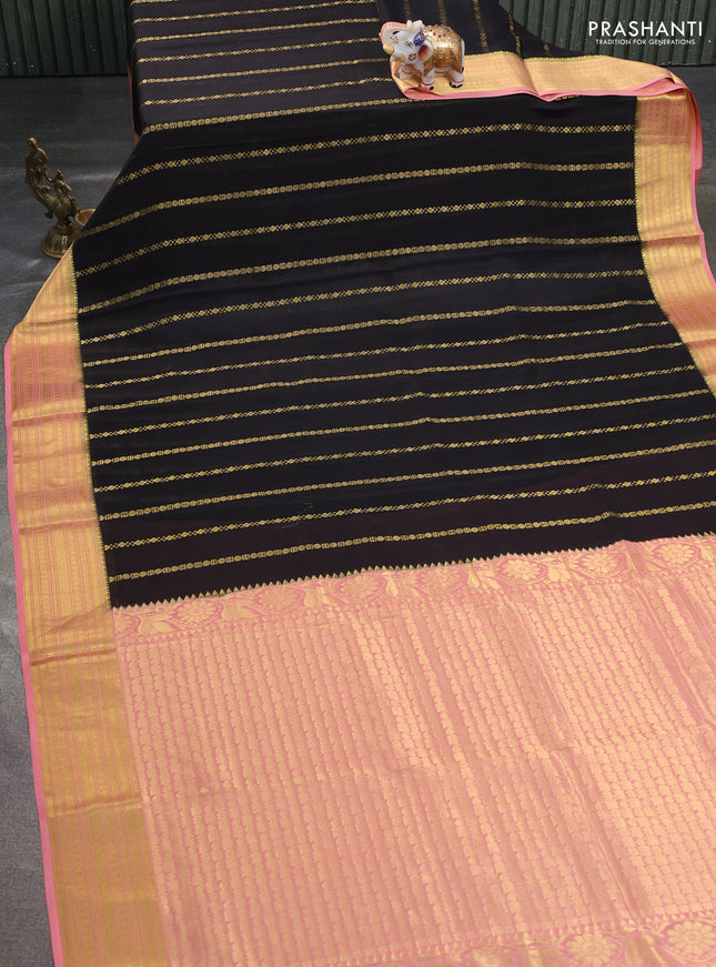 Pure mysore silk saree black and peach shade with plain body and rettapet zari woven border