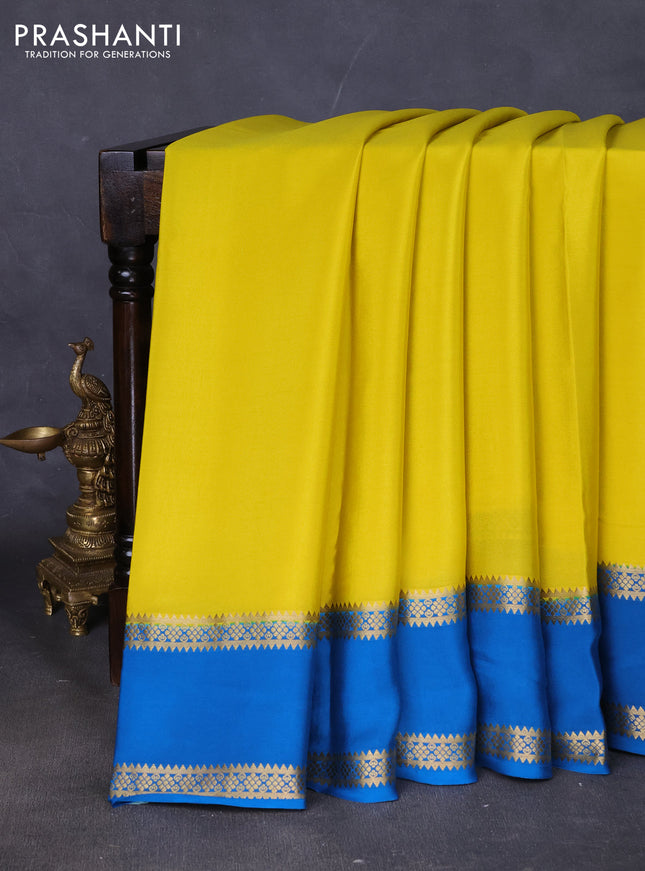 Pure mysore silk saree lime yellow and cs blue with plain body and rettapet zari woven border