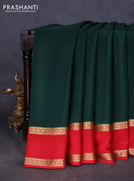Pure mysore silk saree bottle green and red with plain body and rettapet zari woven border