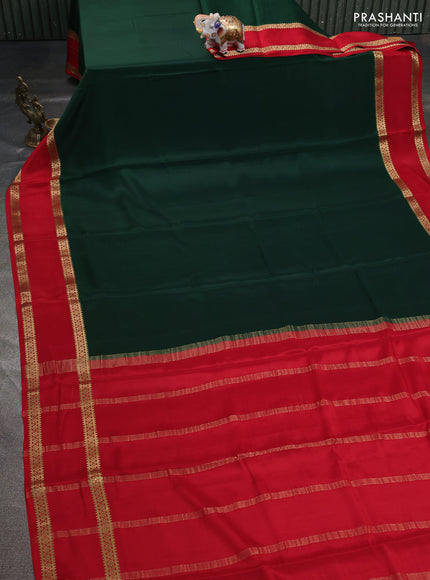 Pure mysore silk saree bottle green and red with plain body and rettapet zari woven border