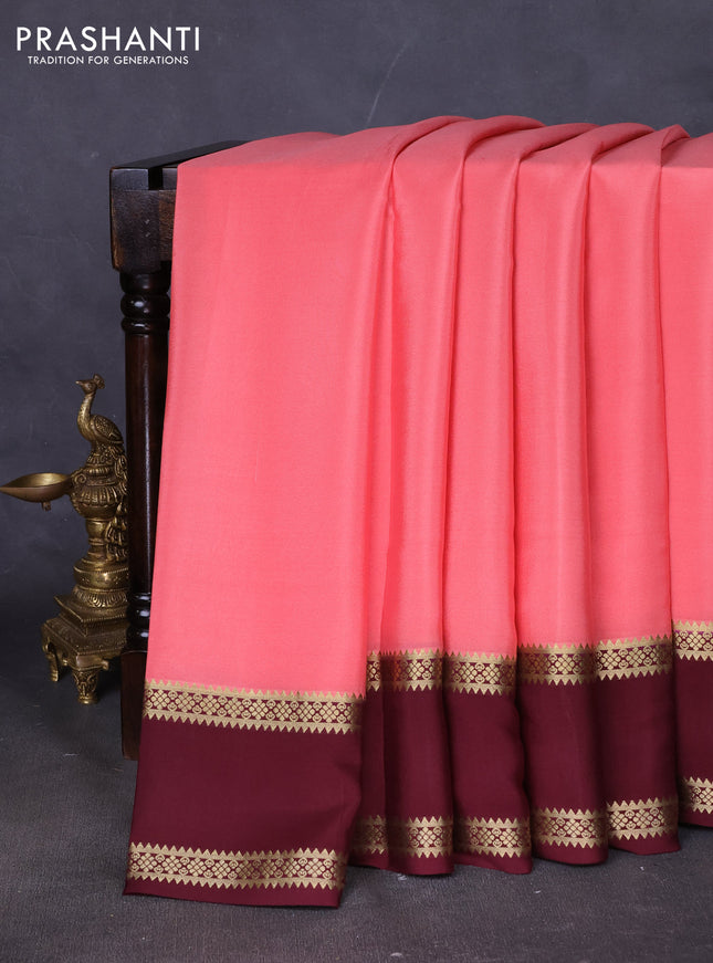 Pure mysore silk saree peach shade and coffee brown with plain body and rettapet zari woven border