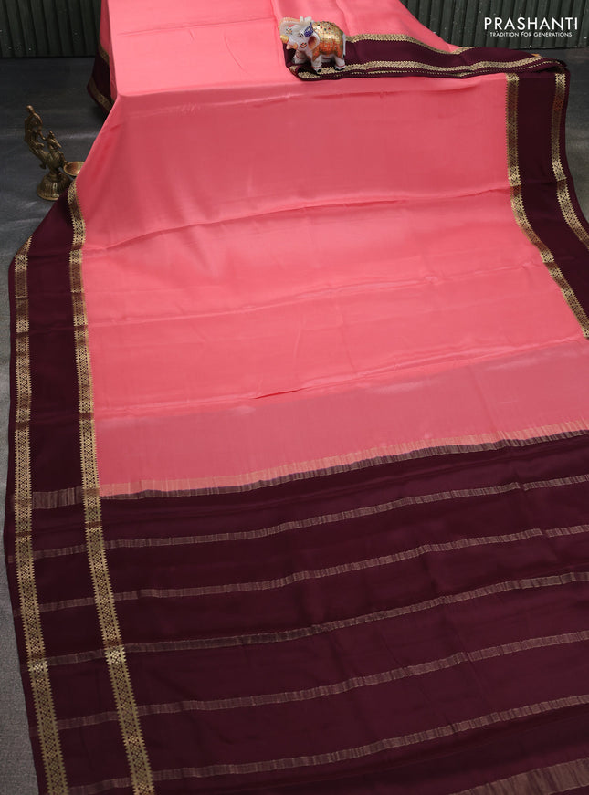 Pure mysore silk saree peach shade and coffee brown with plain body and rettapet zari woven border