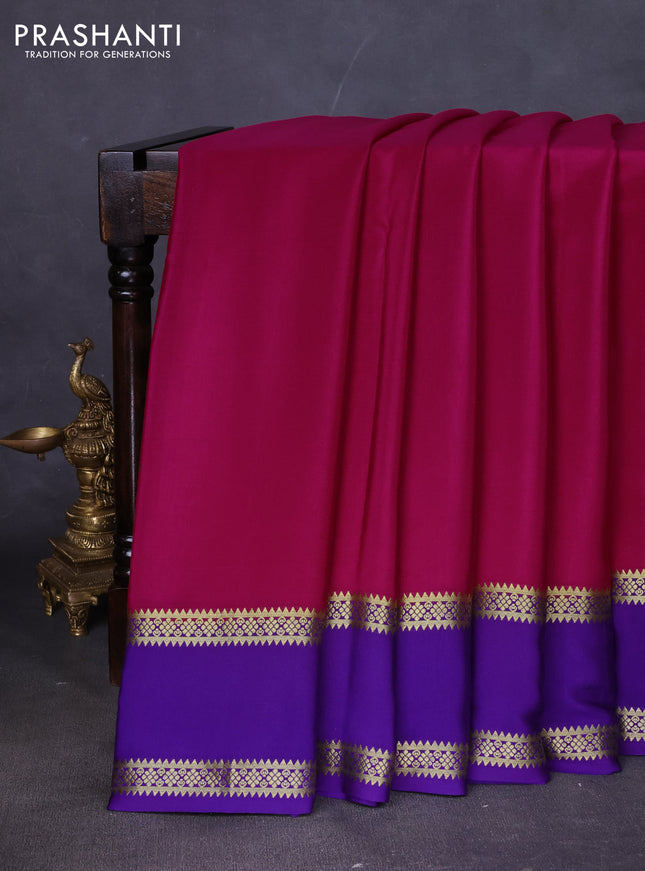 Pure mysore silk saree dark pink and violet with plain body and rettapet zari woven border