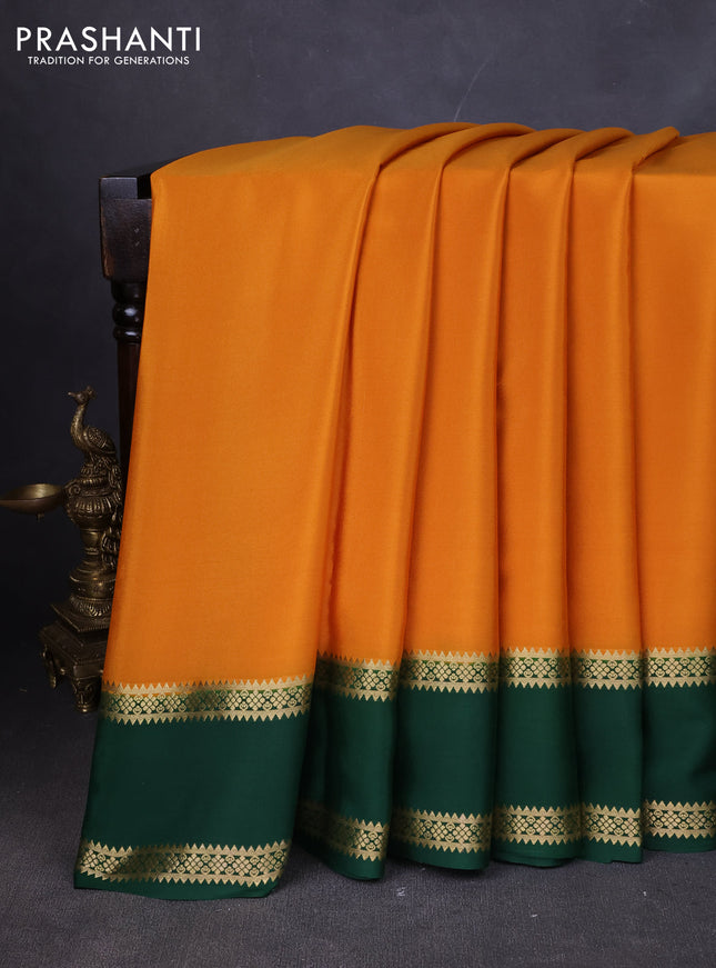 Pure mysore silk saree mustard yellow and green with plain body and rettapet zari woven border
