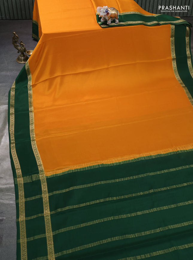 Pure mysore silk saree mustard yellow and green with plain body and rettapet zari woven border