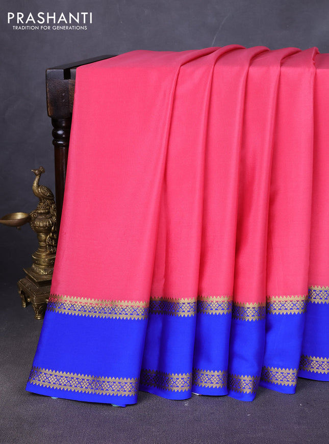 Pure mysore silk saree peach pink and blue with plain body and rettapet zari woven border