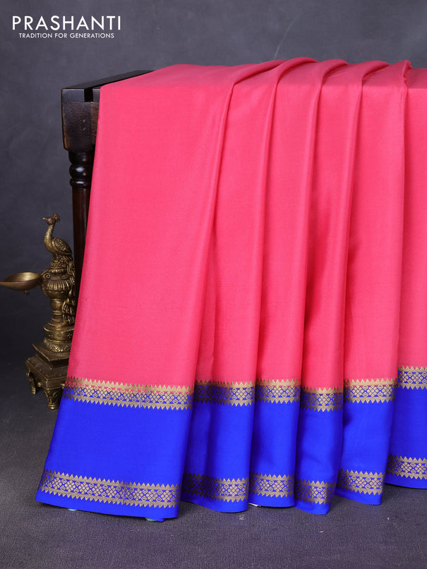 Pure mysore silk saree peach pink and blue with plain body and rettapet zari woven border