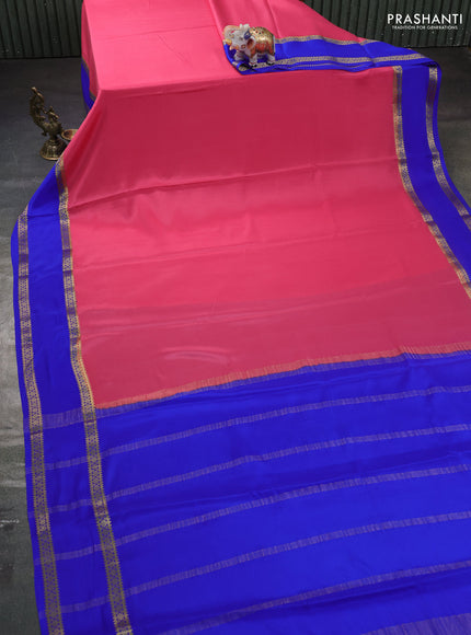 Pure mysore silk saree peach pink and blue with plain body and rettapet zari woven border