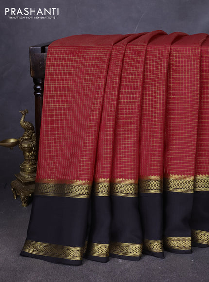 Pure mysore silk saree maroon and black with allover zari woven small checked pattern and rettapet zari woven border