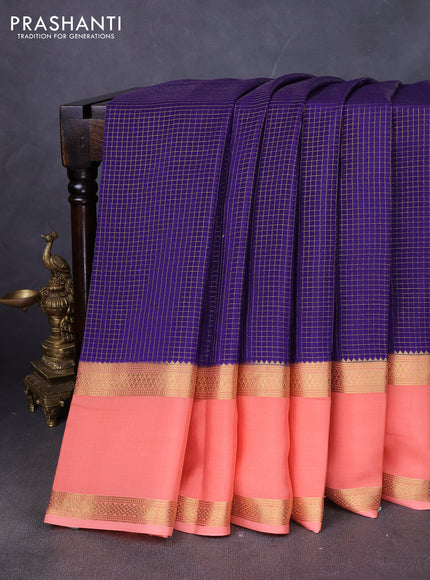 Pure mysore silk saree violet and peach shade with allover zari woven small checked pattern and rettapet zari woven border