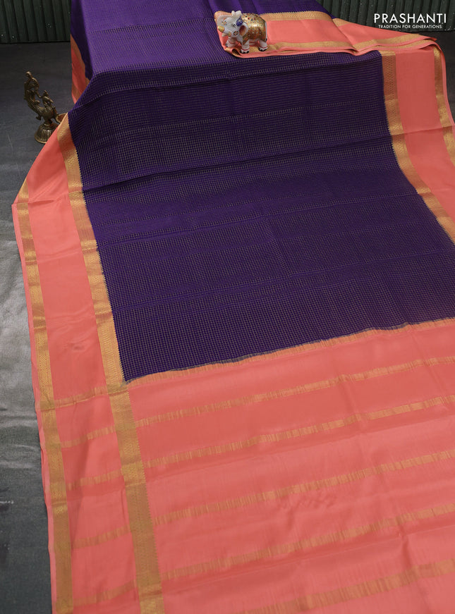 Pure mysore silk saree violet and peach shade with allover zari woven small checked pattern and rettapet zari woven border