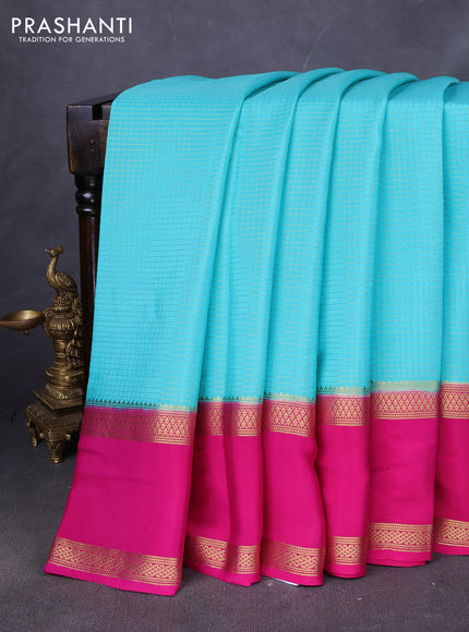 Pure mysore silk saree teal blue and pink with allover zari woven checked pattern and rettapet zari woven border