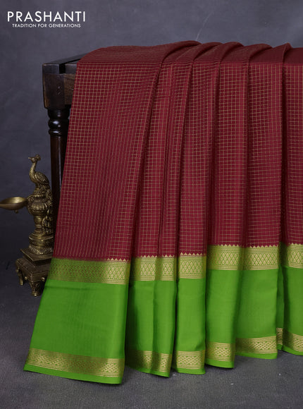 Pure mysore silk saree deep maroon and light green with allover zari woven checked pattern and rettapet zari woven border