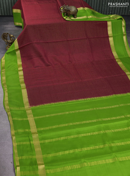 Pure mysore silk saree deep maroon and light green with allover zari woven checked pattern and rettapet zari woven border