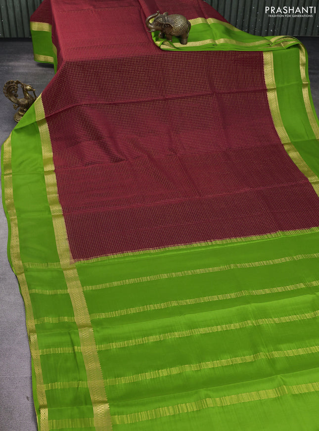 Pure mysore silk saree deep maroon and light green with allover zari woven checked pattern and rettapet zari woven border
