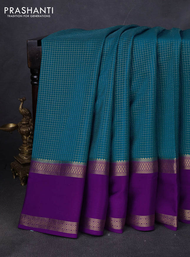 Pure mysore silk saree peacock blue and violet with allover zari woven checked pattern and rettapet zari woven border