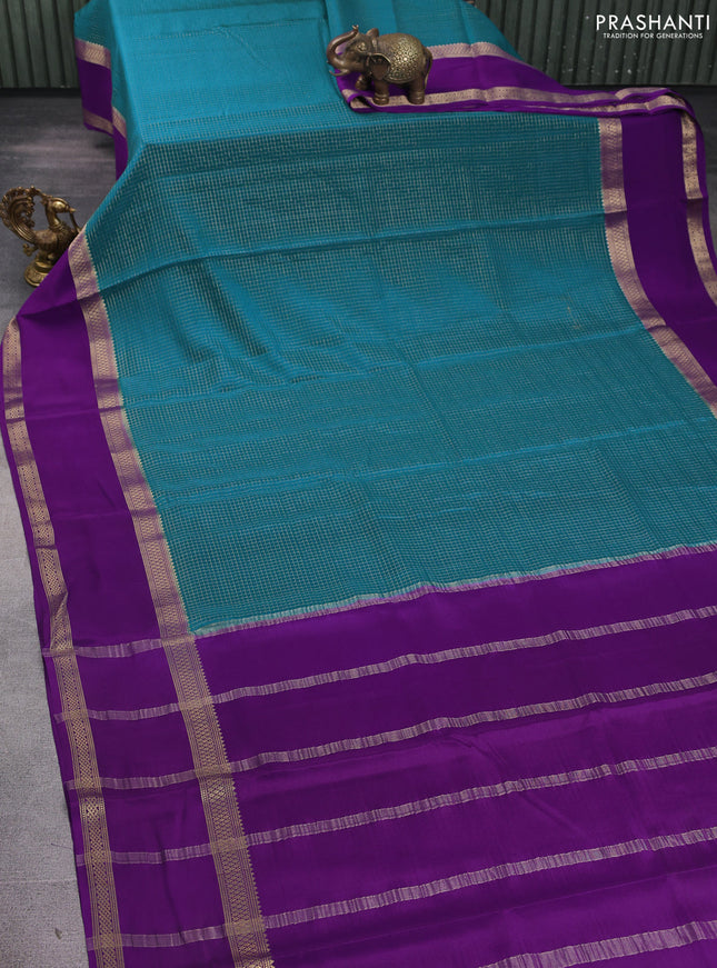 Pure mysore silk saree peacock blue and violet with allover zari woven checked pattern and rettapet zari woven border