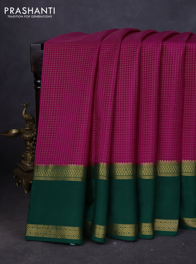 Pure mysore silk saree magenta pink and green with allover zari woven checked pattern and rettapet zari woven border
