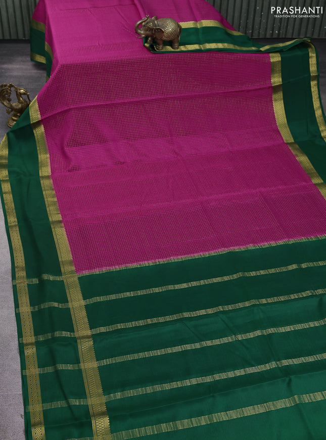 Pure mysore silk saree magenta pink and green with allover zari woven checked pattern and rettapet zari woven border