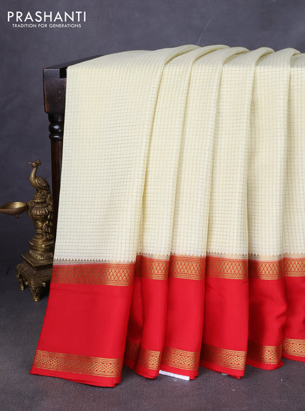 Pure mysore silk saree cream and red with allover zari woven checked pattern and rettapet zari woven border