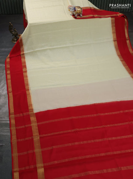 Pure mysore silk saree cream and red with allover zari woven checked pattern and rettapet zari woven border