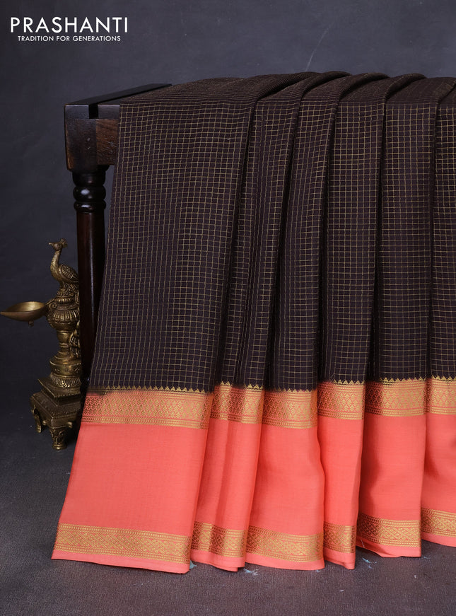 Pure mysore silk saree coffee brown and peach orange with allover zari woven checked pattern and rettapet zari woven border