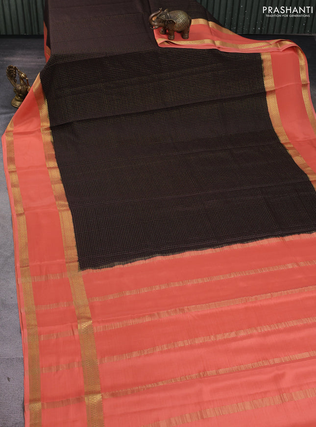 Pure mysore silk saree coffee brown and peach orange with allover zari woven checked pattern and rettapet zari woven border
