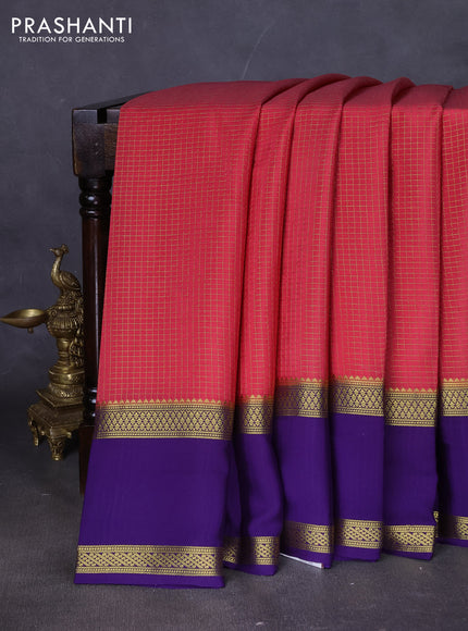 Pure mysore silk saree peach shade and violet with allover zari woven checked pattern and rettapet zari woven border